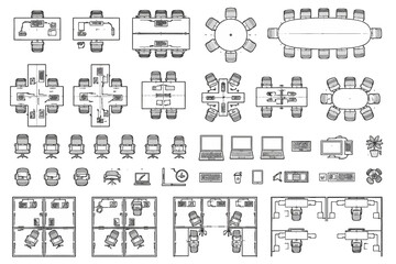 Top View Office Furniture Symbols Set: Desks, Chairs, Computers, and Cubicles in Architectural CAD Style © Alomgir