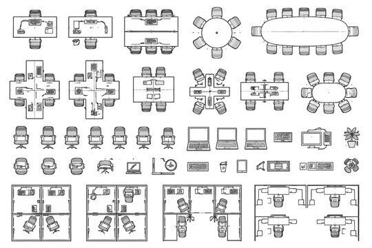 Top View Office Furniture Symbols Set: Desks, Chairs, Computers, and Cubicles in Architectural CAD Style
