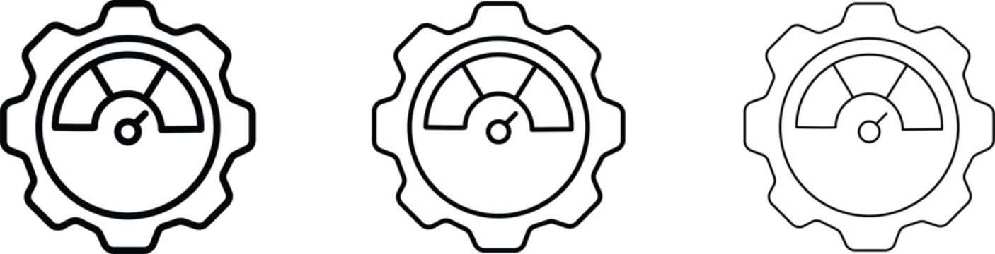 Minimalist gear performance icons with speedometer gauge, industrial settings cogwheel vector set, technical optimization and efficiency symbols