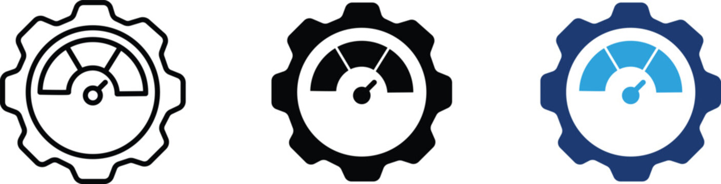Industrial gear and speedometer icon set, mechanical cog with performance gauge vector, technical engineering optimization symbols in three styles