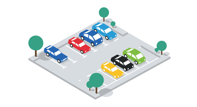 Small parking lot area features six colorful cars neatly parked in designated spots surrounded by vibrant green trees on a clean grey concrete surface.