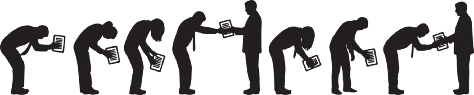 Black Solid Employee Bending Backward Silhouettes Set of Six on White Background