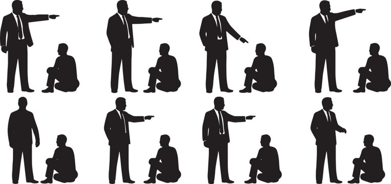 Black Solid Executive Instructing Subordinates Silhouettes Set of Six on White Background