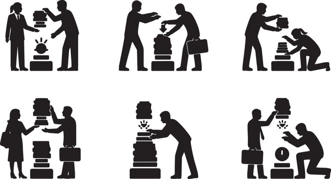 Black Solid Executive Pressing Button Tasks Silhouettes Set of Six on White Background