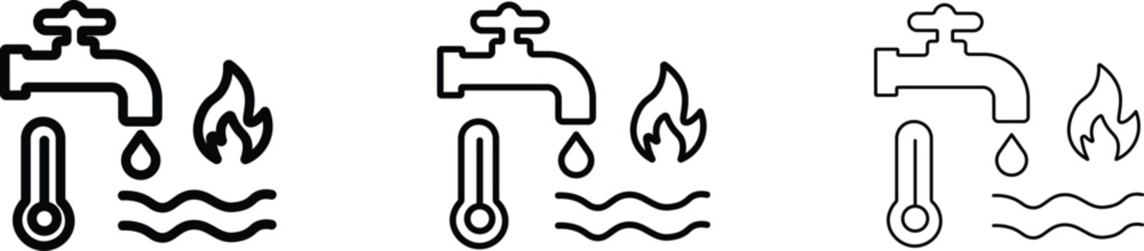 Water heating system icons set, plumbing and temperature control line art, faucet with fire and thermometer symbols for utility services