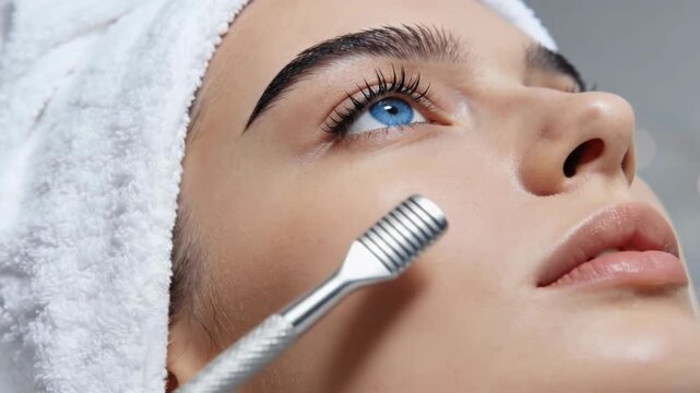 Professional microneedling facial treatment on young woman's cheek with derma roller for skin rejuvenation.