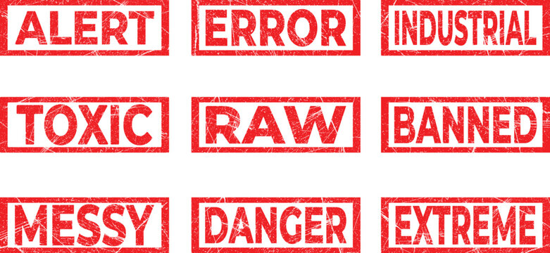 Set of red rubber stamps with words indicating danger warnings or extreme conditions description