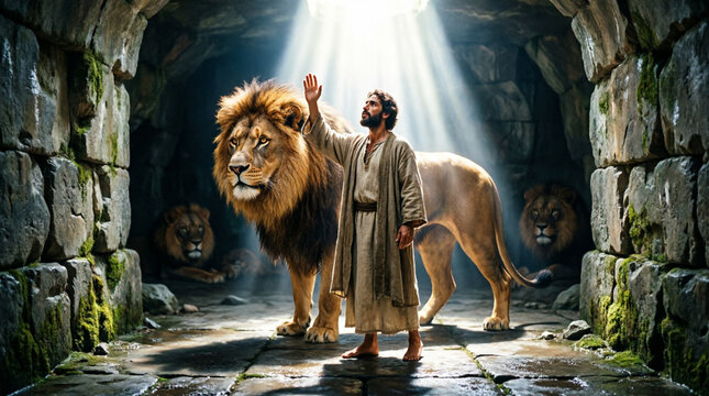 Daniel finds divine light and peace among lions in faithful prayer.