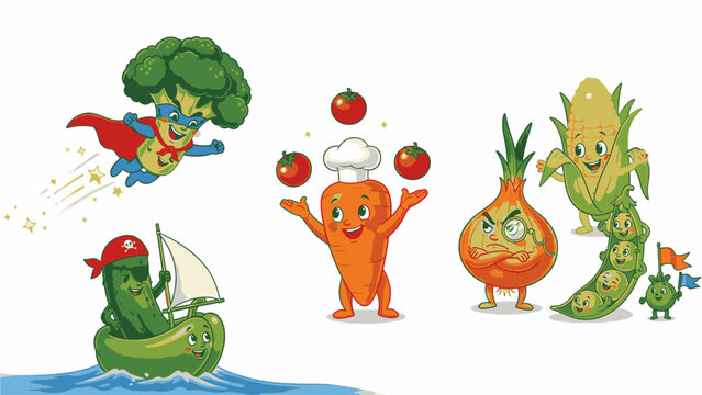 Colorful cartoon vegetables and fruits in various playful poses on a white background with a creative and humorous mood.