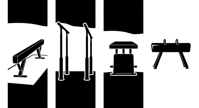 Gymnastics equipment collection including balance beam parallel bars vaulting box and pommel horse presented in a clean
