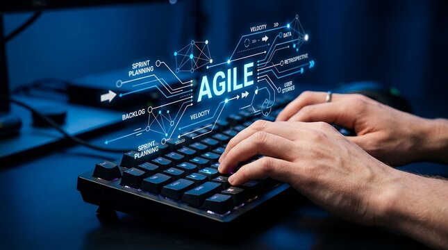 Close up of hands typing on keyboard with futuristic agile project management interface