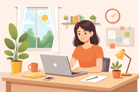 Young woman working on a laptop at a desk in a bright home office with plants, a window view of a sunny day, and office supplies. Flat vector illustration for remote work, study, and freelance.