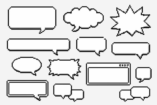 Pixel Art Speech Bubbles and Text Box Set, Retro 8-Bit Game UI Elements, Empty Pixelated Chat Frames and Message Balloons Collection, Vintage Digital Interface Design Shapes for Game Development