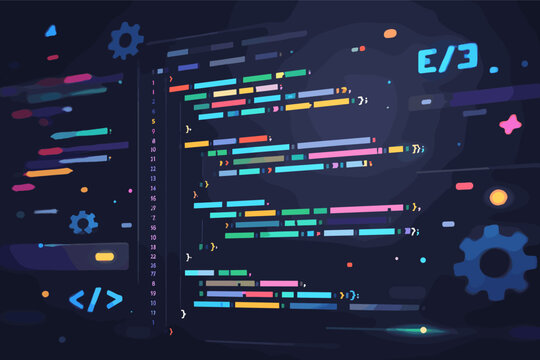 Abstract Colorful Programming Code on Dark Screen for Software Development and Application Engineering, Digital Interface with Syntax Highlighting, Web Coding, Scripting and Technology Background