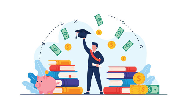 Proud graduate holding his cap high surrounded by books and money representing investment in education and successful academic journey.
