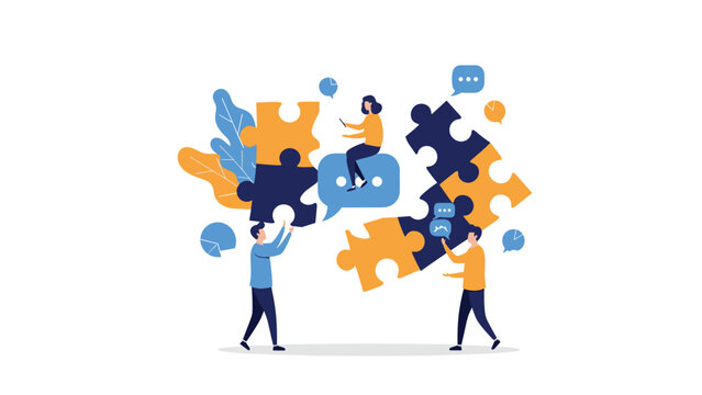 Collaborative team working together to assemble large jigsaw puzzle pieces symbolizing effective communication and group strategy.