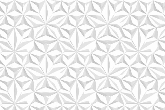 Seamless white 3D geometric pattern featuring hexagonal star shapes for elegant modern architectural backgrounds. Abstract minimalist wall texture with triangular facets, sharp shadows, and depth.