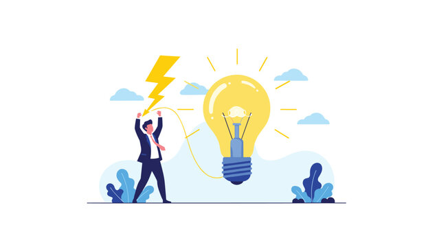 Innovative thinker holding glowing bulb while being struck by lightning of inspiration with creative ideas coming from giant head.
