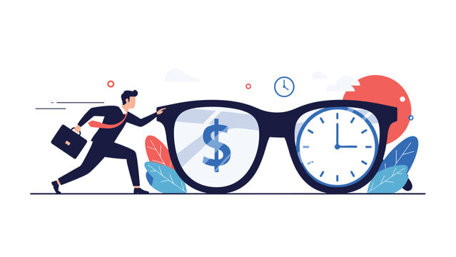 Determined professional pushing large eyeglasses with dollar sign and clock lenses for balanced time and money management.