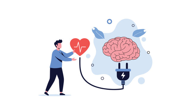 Compassionate professional connecting heart to giant brain with electrical plug symbolizing emotional intelligence and logic.