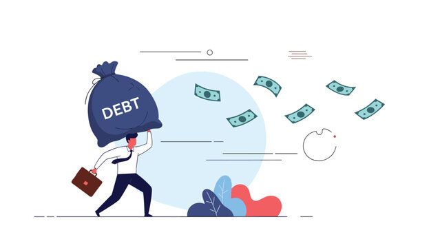 Overwhelmed businessman carrying a heavy bag labeled debt while paper money flies away illustrates financial stress and economic struggles.
