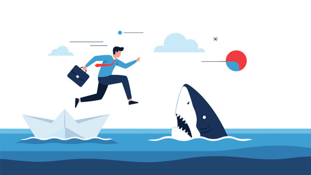 Brave businessman jumping from a paper boat over a large shark in the ocean represents taking risks and overcoming business threats.