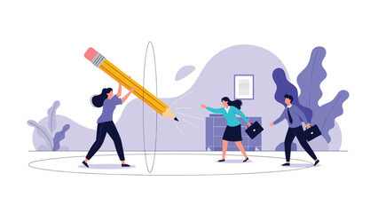 Fototapeta premium Businesswoman using a giant pencil to draw a boundary circle around herself while other professionals try to enter.