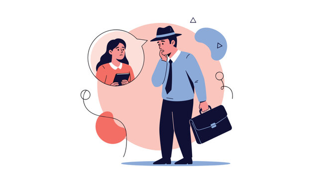Worried businessman wearing a hat and carrying a briefcase while thinking about a sad woman in a speech bubble.