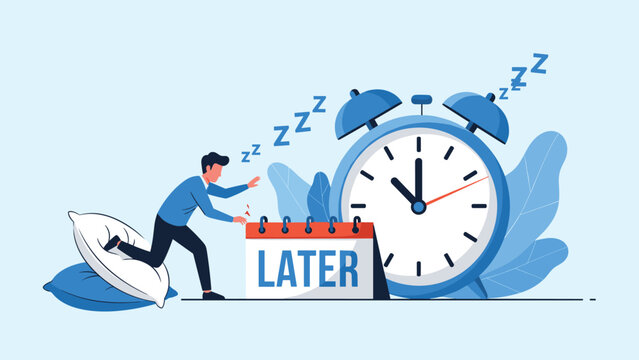 Businessman trying to stop a giant ringing alarm clock by placing a calendar with the word LATER in front of it.