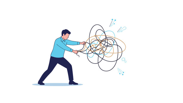 Frustrated man trying to untangle a messy ball of lines to find a clear path and solve complex problems in his life.