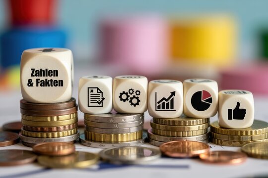 Zahlen und Fakten German for numbers and facts concept with dice on coins