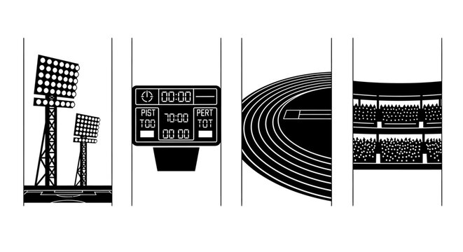 Stadium track and field event with floodlights scoreboard and audience