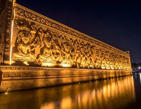 Breathtaking macro photography of a majestic golden carved stone bas relief depicting ancient historical mythology on a temple wall.