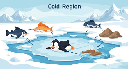 Penguin on Ice in Water Surface. © famel