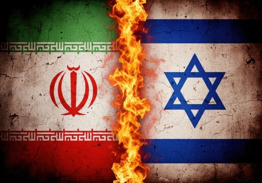 flames separating iran and israel flags on distressed background
