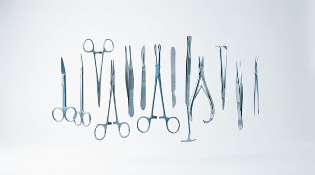 Set of stainless steel medical surgical instruments on white background