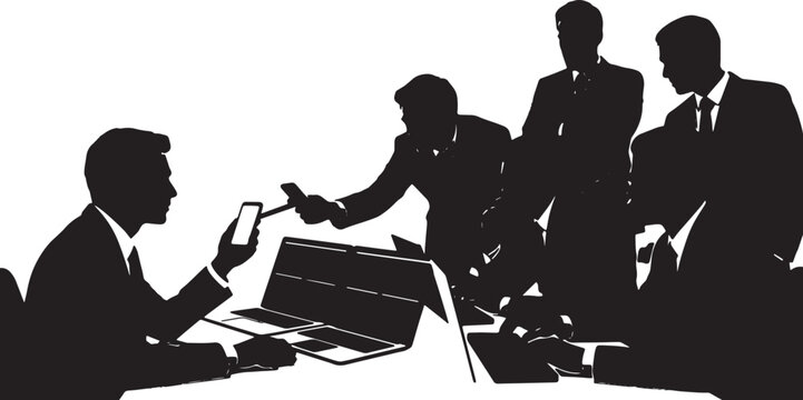 Black Solid Financial Analyst Laptop Smartphone Silhouettes Set of Six on White Background