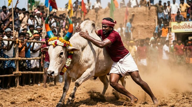 Traditional bull taming sport with decorated bull and active participant in rural festival