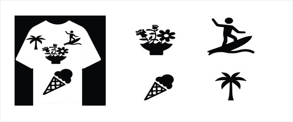 Fototapeta premium Versatile set of summer vacation vector icons including a surfer, palm tree, flowers, and ice cream, displayed on a t-shirt, perfect for custom apparel and holiday designs