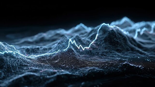 Seamless loop digital market landscape animation, futuristic volatility terrain for financial analytics.