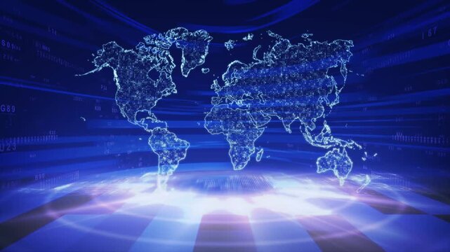 Digital World Map An illuminated world map, aglow with a sense of technology and global connectivity. The map, crafted in digital light and hues, radiates a dynamic atmosphere.