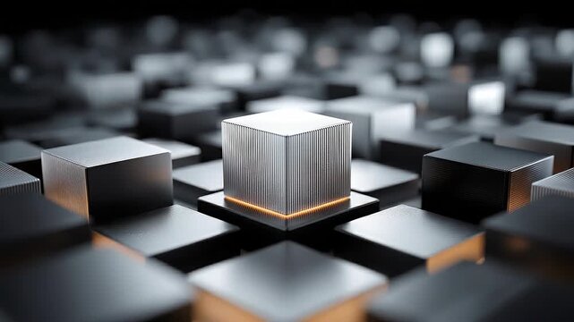 Seamless loop central dominance cube animation, institutional influence network corporate visualization.