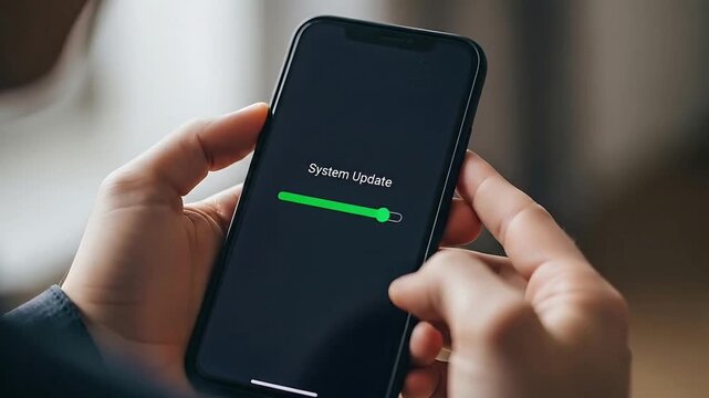 Hands holding modern smartphone displaying system update progress bar closeup detailed view