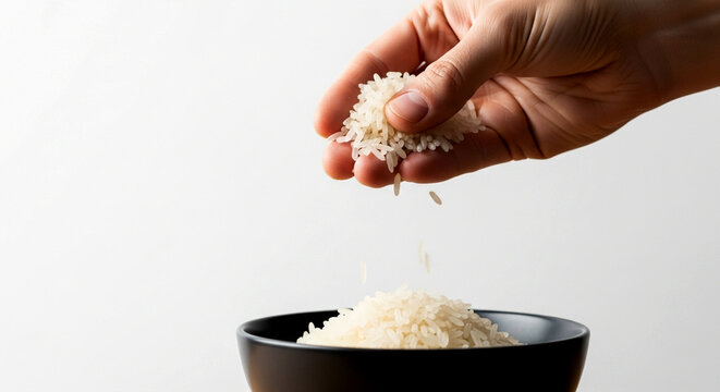 Hand pouring raw white rice grains into black bowl - beras