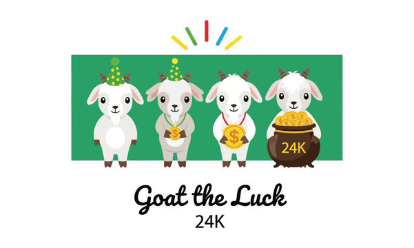 Festive cartoon goats with party hats and decorations celebrating 'goat the luck' 24k
