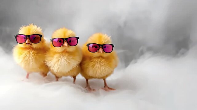 ひよこ三羽とサングラスが白煙の背景で目を引く販促向け横動画素材