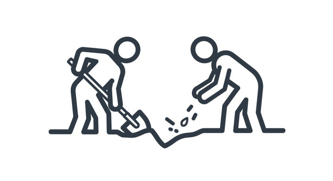 Two stick figures working together to dig a deep hole using a spade and their hands
