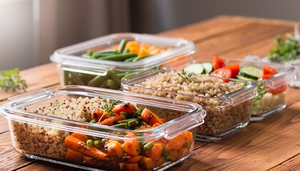 Obraz premium Healthy Meal Prep Containers with Fresh Vegetables and Grains on Wooden Table.