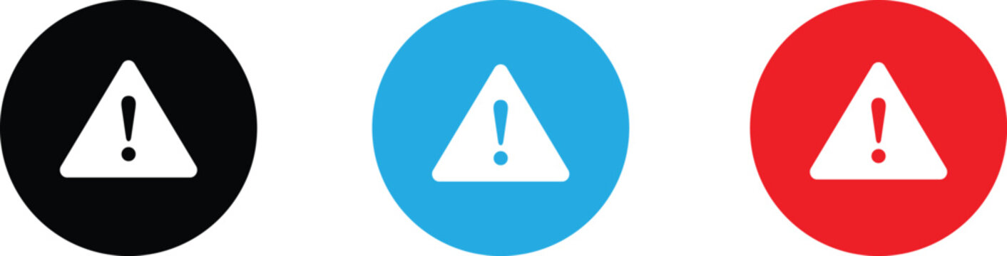 Warning signs with exclamation marks in black, blue and red circles