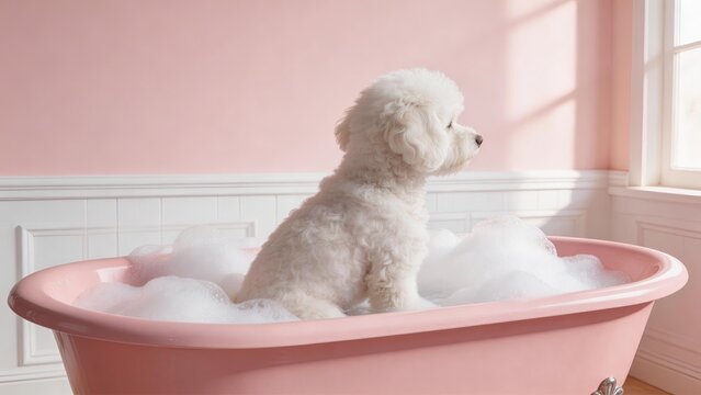 Fluffy white puppy sitting in pink bathtub with soap bubbles pet grooming and bathing concept cute dog in bathroom interior pastel color theme animal care and hygiene adorable pet